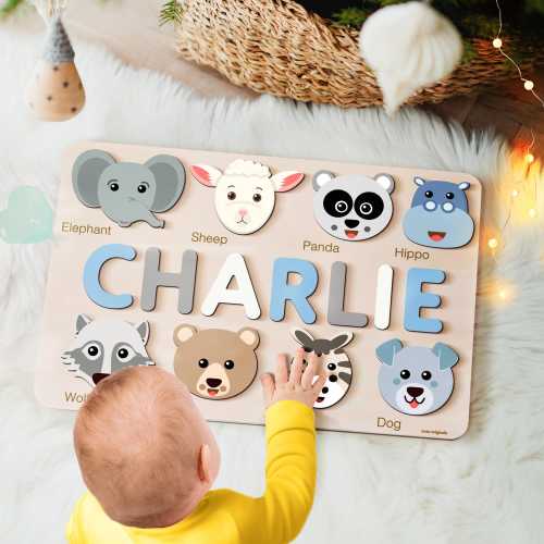 Custom Handmade Name Puzzle with Animals, Personalized Birthday Gift for Kids, Christmas Gifts for Toddlers, Unique New Baby Gift, Wood Toy