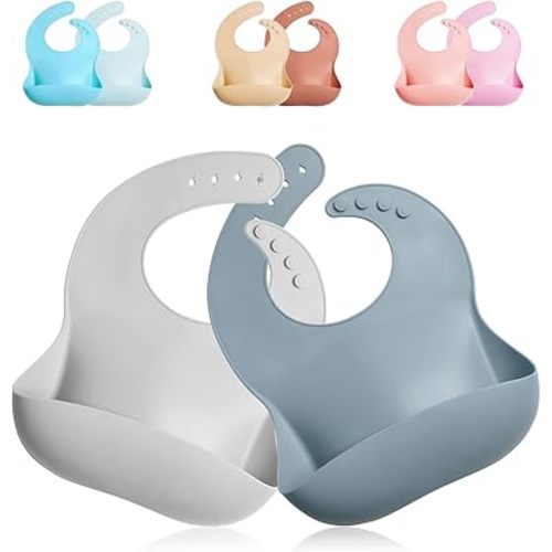 Baby Silicone Bibs, BPA Free Waterproof Silicone Bibs with Food Catcher, Bibs for Toddlers, 4 Sizes Adjustable, Soft and Easy Clean, Unisex Cute Bibs (Gray Cool, 2 Pack)