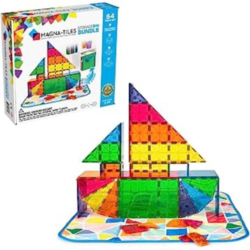 MAGNA-TILES Storage Bin Bundle 84-Piece Magnetic Construction Set, The ORIGINAL Magnetic Building Brand