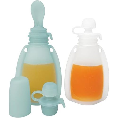 Reusable Baby Food Pouches With Spoon - Refillable Squeeze Pouches for Kids, Dishwasher Freezer Microwave Safe Silicone for Toddler, 4.2 oz, 2 Pack