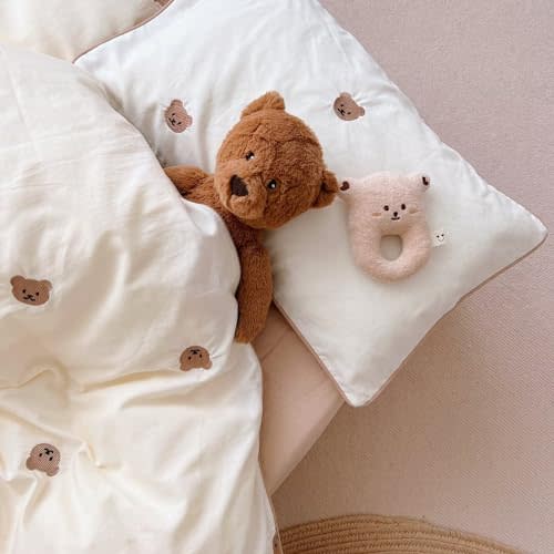 BuLuTu 100% Cotton Toddler Pillowcases for Boys Girls Bear Embroidery Kids Pillowcase Soft Breathable Pillow Protectors for Toddler Bed, Envelope Closure, 20"x12"
