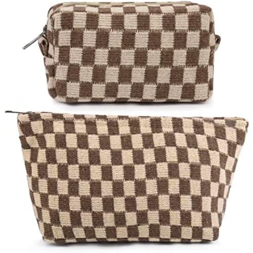 2 Pieces Makeup Bag Large Checkered Cosmetic Bag Capacity Canvas Mix Travel Toiletry Bag Organizer Cute Makeup Brushes Aesthetic Accessories Storage Bag for Women, Checkered Mix Brown