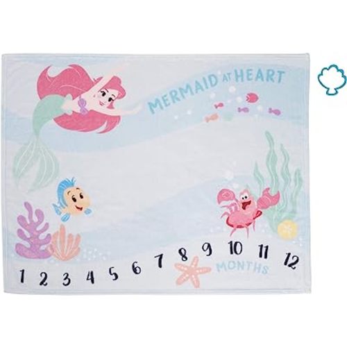 Disney The Little Mermaid Ariel, Aqua, Pink & Green, Super Soft Milestone Baby Blanket, Aqua, Pink, Green, Yellow