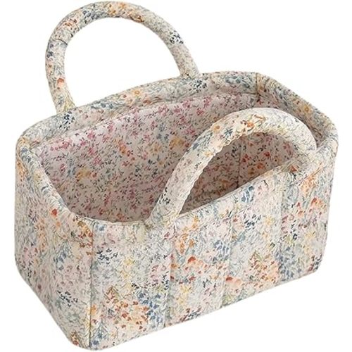 Small Storage Basket Organizer, Mini Fabric Floral Storage Baskets with Handle, Quilted Portable Collapsible Storage (M)