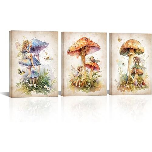 Biuteawal 3 Panels Vintage Mushroom Wall Art Botanical Nature Plant Landscape Picture Butterflies Fairytale Theme Painting Canvas Print Rustic Country Fungus Artwork Framed Home Decoration