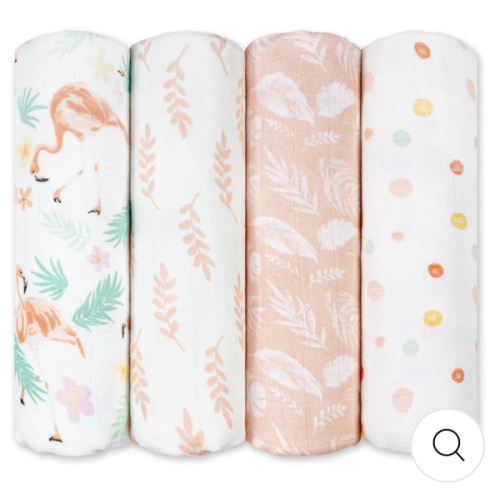 Muslin Swaddle Blankets 4-Pack | 35"x40" | Flamingo Garden