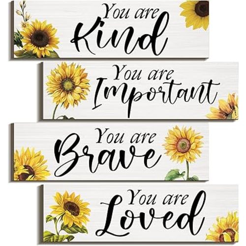 Yalikop 4 Pcs Sunflower Kitchen Decor Inspirational Sunflower Wall Decor You Are Kind Wall Art Rustic Wood Sign Hanging Decoration for Home Office Bathroom Bedroom Living Room(Inspirational Sunflower)
