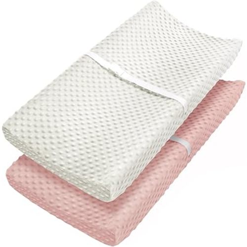 Babebay Changing Pad Cover, Ultra Soft Minky Dots Plush Changing Table Covers for Baby Boys and Girls, Breathable, 2 Pack (Peach Pink & Lily White)