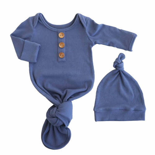 Steel Blue Ribbed Bamboo Baby Knot Gown & Hat