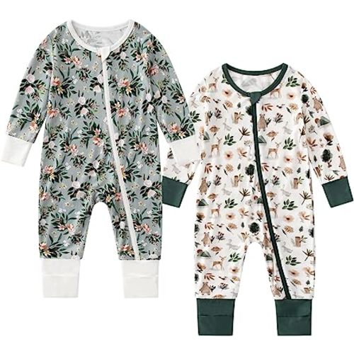 OPAWO Bamboo Baby Pajamas Girl 2pack Mittens Cuff 2 Way Zipper Soft Footless Sleeper Baby Boy Newborn One-Piece Romper