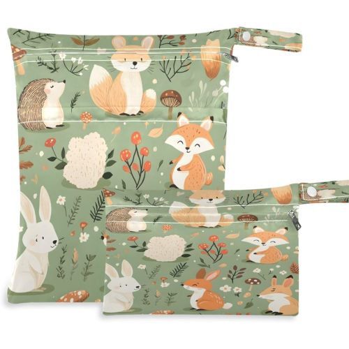 Woodland Animal Wet Dry Bags 2 Pack, Waterproof Baby Cloth Diaper Organizer with Two Zippered for Travel Beach Swimsuits Toiletries