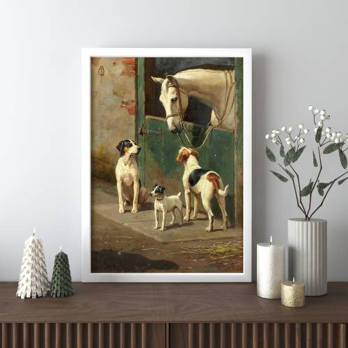 Dogs and Horse at Stable Framed Oil Painting Reproduction Print on Canvas