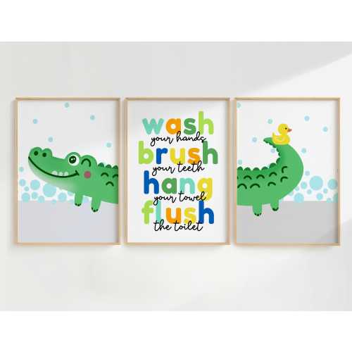 Kids Crocodile Bathroom Decor, Animal Bathroom Wall Prints, Set of 3, Wash Your Hands, Brush Your Teeth, Children&#39;s Bathroom Art, Alligator