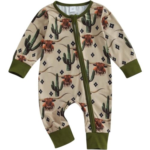MAINESAKA Western Baby Boys Girls Clothes Neutral Long Sleeve Cow Print Zip Up Romper Jumpsuit Newborn Cowboy Fall Clothes