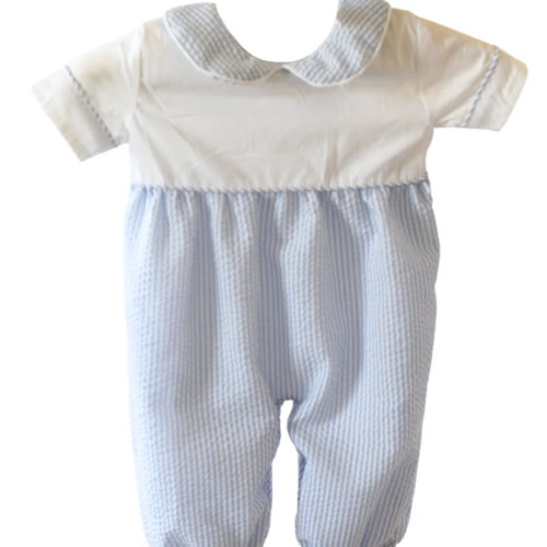 Blue Seersucker Long Romper