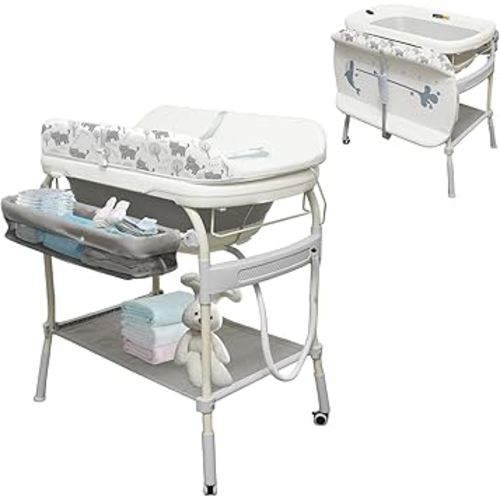 Bañera para bebé 2 en 1 con cambiador, estación de cambio de pañales impermeable, mesa cambiadora portátil, altura ajustable, organizador de guardería con estante de almacenamiento para