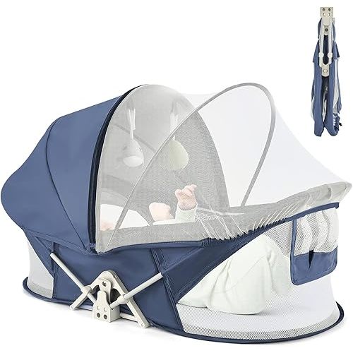 Portable Baby Bassinet Travel Baby Bed, Baby Cribs Travel Pod for Outdoors Baby Lounger Infant Travel Bed with Mosquito Net and Sunshade Canopy, Lightweight Washable