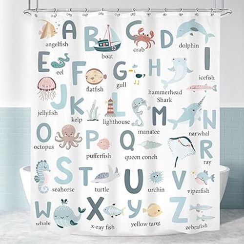 Cinbloo Kids Shower Curtain 60Wx72H Cute Cartoon Alphabet ABC Sea Animal Blue Educational Ocean Bathroom Curtain Set Baby Boys Girls Bath Curtain Cloth Fabric Beach Bathroom Decor with 12 Hooks