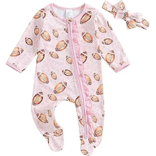 BULINGNA Newborn Baby Girl Football Jumpsuit Long Sleeve Ruffle Zip Up Rugby Footie Romper One Piece Outfit with Headband