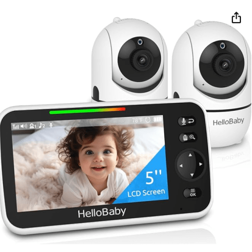 HelloBaby Upgrade 5’’ Baby Monitor with 26-Hour Battery, 2 Cameras Pan-Tilt-Zoom, 1000ft Range Video Audio Baby Monitor No WiFi, VOX, Night Vision, 2-Way Talk, 8 Lullabies and Temperature - 2Cams-HB6550