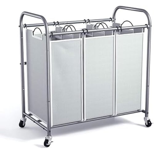ROMOON Laundry Sorter, 3 Section Heavy Duty Laundry Hamper with Wheels and Removable Liners, Space-Saving Organizer for Laundry Room, Apartment, Dorm, Closet Storage (Gray)
