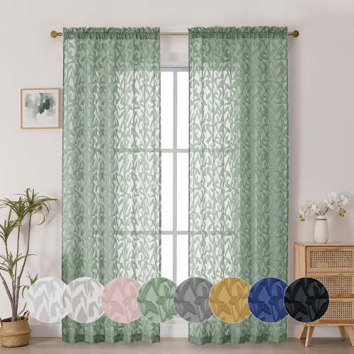 OVZME Leila Sage Green Sheer Curtains 84 Inches Long 2 Panels Set, Light Filtering Leaves Jacquard Window Curtain Drapes for Living Room Bedroom, Each 52Wx84L Inch, Sage Green