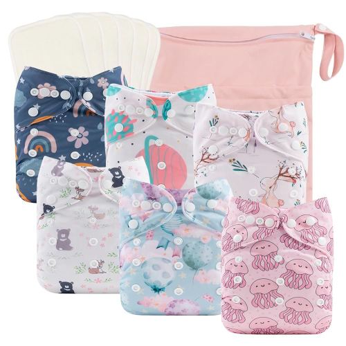 babygoal Baby Reusable Cloth Diapers 6 Pack+6pcs Rayon from Bamboo Inserts+Wet Bag, One Size Adjustable Washable Pocket Nappy Covers for Boys 6FG38-MB-CA