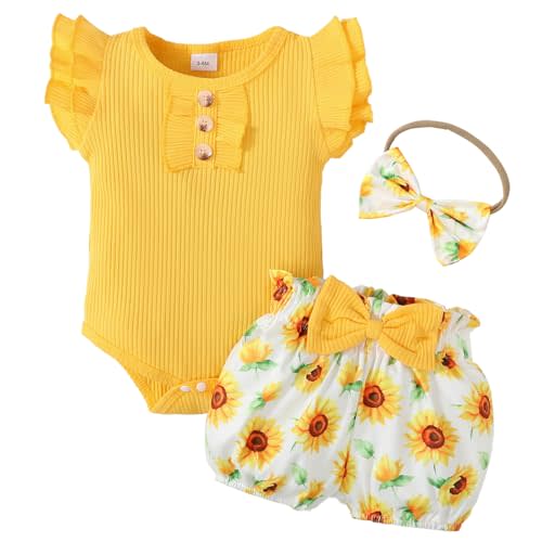 ABCRR Baby Girl Clothes Newborn Infant Summer Outfits Ruffle Sleeve Romper and Floral Shorts Set for 0-18 Months