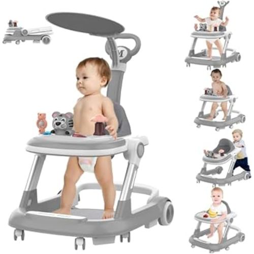 Baby Walker, 5-and-1 Baby Walkers with Wheels, 2-Height Toddler Walker Push with Cushion, Jump Pad, Sunshade, Foldable Baby Walker with Activity Center, Music Disc, Walker for Baby Boy 6-12 Months