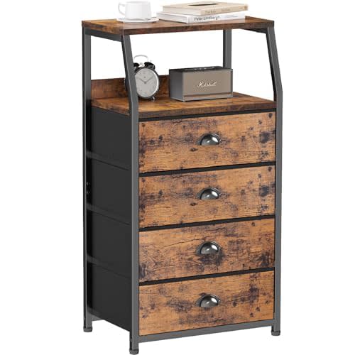 Furnulem Night Stand, Tall 4 Drawers Dresser for Bedroom, Hallway, Nursery, Closet Organizer, Nightstand Bedside Table Furniture, Vertical Storage Tower Fabric, Sturdy Steel Frame, Wood Top