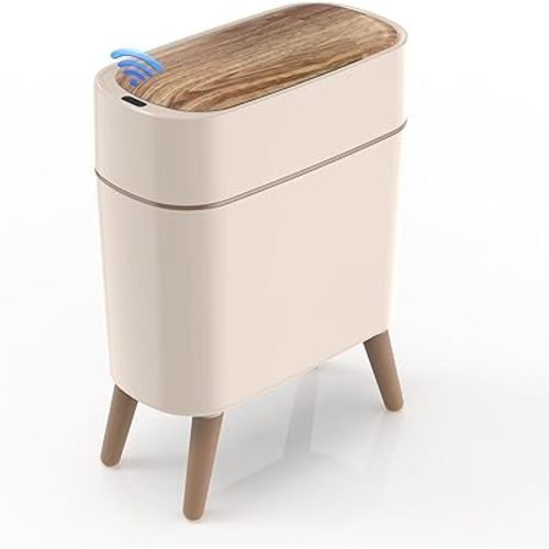 suyika Automatic Trash Can, 2.6 Gallon/10L Bathroom Trash Can with Lid - Wood Grain Lid and Legs, Touchless Waterproof Garbage Bin for Bedroom, Bathroom, Office, Living Room
