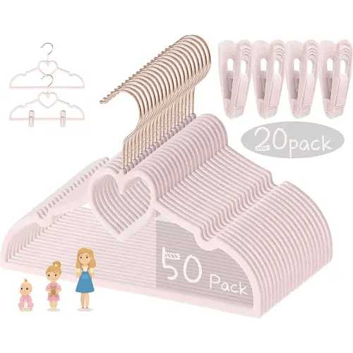 Pink Heart Velvet Baby Hangers - 50pack 13inch Toddler Hangers with 20pcs Clips, Premium Velvet Strong and Durable Baby Clothes Hangers Without Slipping, Ultra Slim and Stackable Space Saving