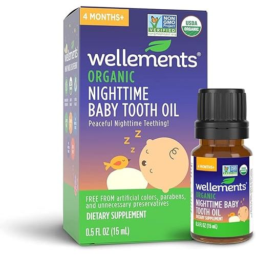 Wellements Organic Nighttime Baby Tooth Oil. Soothing Massage Oil for Tiny Gums. Promotes Peaceful Nighttime Teething. Organic Blend of Essential Oils & Sleepytime Herbs. 0.5 Fl Oz. 4 Months +