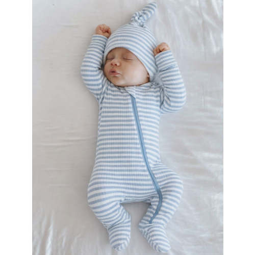 Dusty Blue Stripe / Ribbed 2-Way Zip Footie