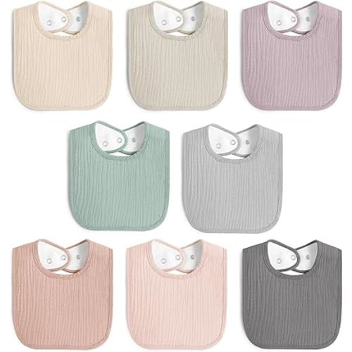 8 Pack Muslin 100% Cotton Baby Bibs for Unisex, Soft and Absorbent Gender Neutral Set for Feeding and Drooling