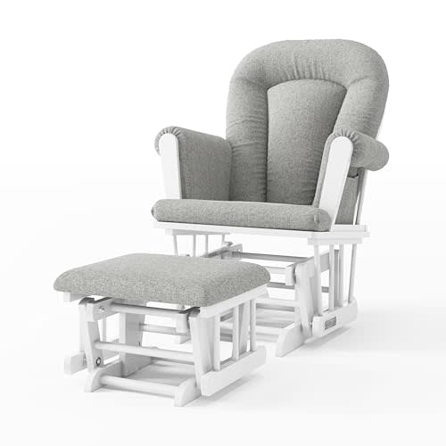 Child Craft Cozy Glider Rocker and Ottoman Set, Padded Cushion with Convenient Storage Pockets, Solid Wood Base & Frame (Matte White with Gray Cushion)