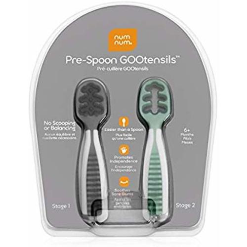 NumNum Pre-Spoon GOOtensils | Baby Spoon Set (Stage One + Stage Two) | BPA Free Silicone Self Feeding Utensil | #1 Doctor Recommended Baby Led Weaning Spoon for Kids Ages 6 Months+ (Gray/Green)