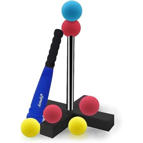 Aoneky Mini Foam Tball Set for Toddlers 1-3 Years, Portable Baseball Toy Set with Foam Bat, 5 Balls, T-Ball Stand & Carry Bag, Safe Soft T-Ball for Boys Girls Indoor Outdoor Play
