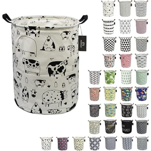 Collapsible Laundry Basket - GodenMoninG 62.8L Large Sized Round Waterproof Storage Bin with Handles,Home Decor,Toy Organizer,Children Nursery Hamper. (Cow Story)