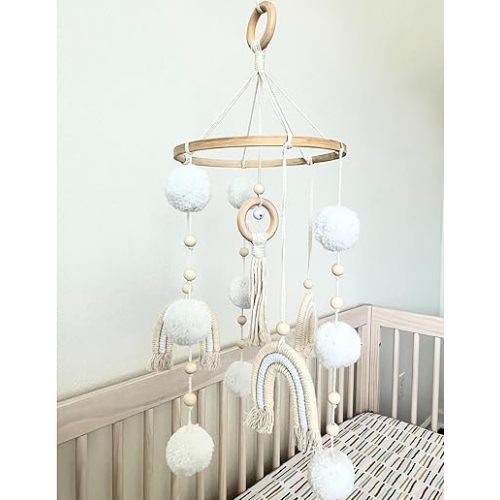 Boho Baby Mobile for Crib - Rainbow Boho Nursery Decor for Girl or Boy - Neutral Wooden Hanging Mobile for Bassinet and Crib - Handmade with Bell for Soothing Stimulation – Perfect Baby Shower Gift