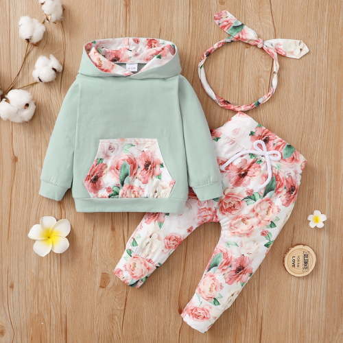 PatPat Newborn Infant Girl's Cute 3Pcs Outfit: Floral Hoodie, Pants and Headband Set, 0-3 Months