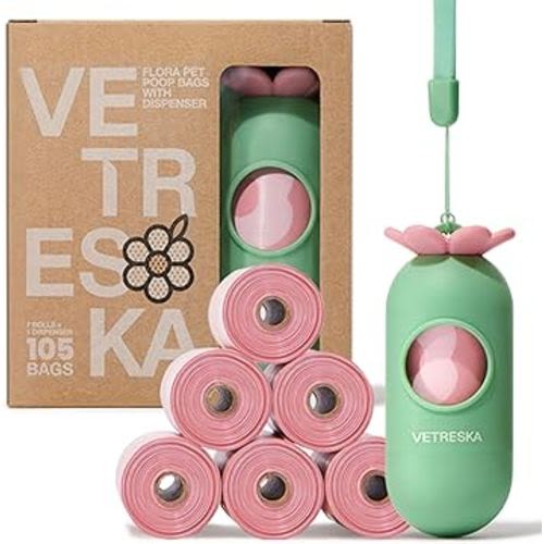 VETRESKA Dog Poop Bags with Dispenser, Lavender Scented, Guranteed Leak Proof and Extra Thick Pet Waste Bags for Walking Dog and Cats Litter， 1 Count Bag Holder and 105 Count Bags (7 Refill Rolls）Pink