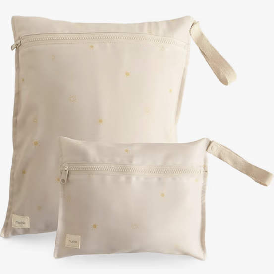 mushie Water Resistant Wet Bags | Large & Small Reusable Storage Bag for Baby Items and Travel | Zippered Pockets with Handle | Machine Washable, Set of 2 (Sun)