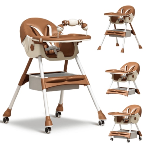 HENG CO. 4-in-1 Baby High Chair with 5-Point Harness, Convertible Toddler Dining Chair, Double-Layer Tray & Toy Rack, PP+Steel Frame, for 6M-3Y Brown