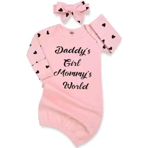 Mikccer Newborn Baby Girl Gown 0-6 Months, Baby Girl Nightgowns, Newborn Babies Girls Gift, Little Sister Newborns Outfits and Coming Home Outfits with Headband Set Pink