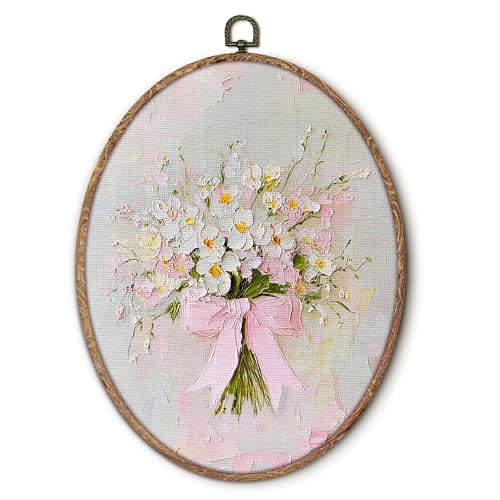 Vintage Pink Bow Floral Bouquet Oval Wall Art Framed, White Floral Oval Wall Decor, Vintage Flower Hanging Canvas Prints Wall Sculptures for Bedroom Living Room Decor, 8.5x11.5 Inch