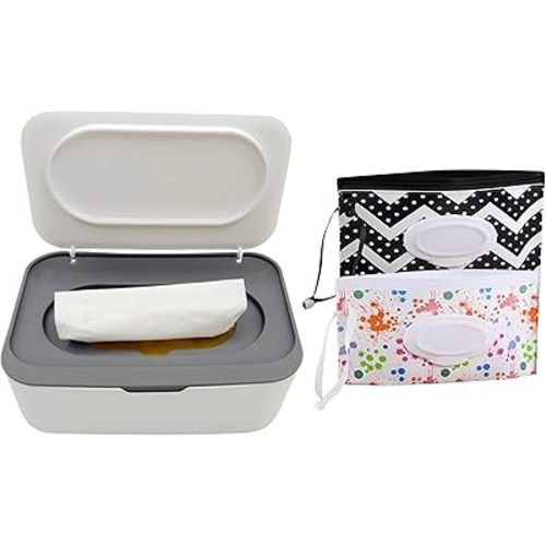 Wipes Dispenser, Adult & Baby Wipes Dispenser, Refillable Wet Wipes Container, Keeps Wipes Fresh, Fit for Anywhere in the Family, Comes with 2 Portable Travel Wet Wipes Bags.(Grey)