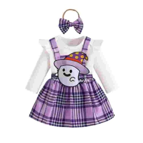 GYRATEDREAM Baby Girl Halloween Outfit Newborn Long Sleeve Romper Skirt Set Toddler Bodysuit Overall Dress Jumpsuits Headband Fall Winter Cute Clothes 3 Pcs Set for 3-6M Purple