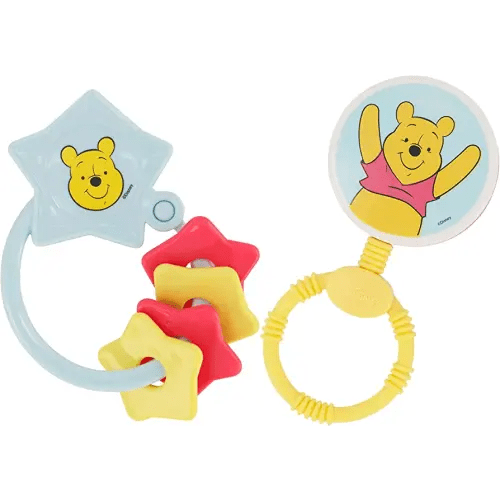 2 Pack Disney Winnie The Pooh Character Shape Rattle and Keyring Teether, Premium Toddler Birthday Toys, Infant Teething Toys, Great for Newborn Shower Gifts