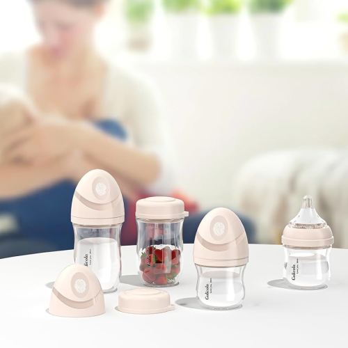 Natural Glass Baby Bottles Set 4 Pack, Newborn Girl Breastfeeding Bottles with Slow Flow Nipples, 0 Months+, 3 oz & 5 oz - Pink